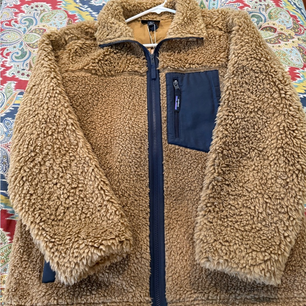 Patagonia Women’s Medium Nest Brown Sherpa Coat with Navy Logo Accent